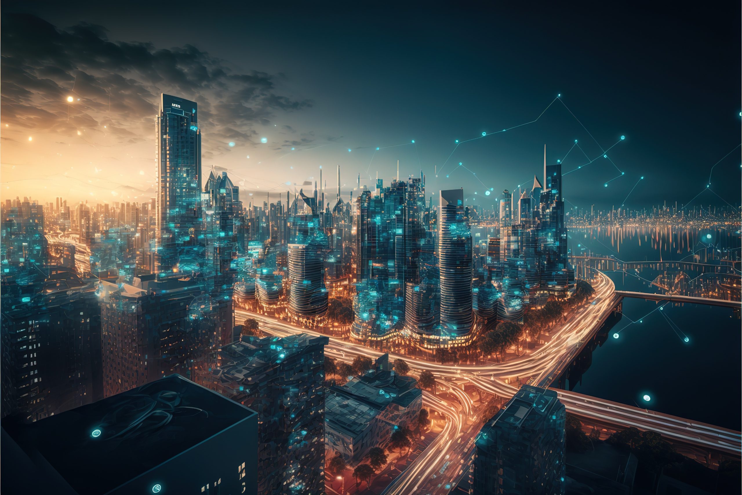 smart city at night, application development concept, smart cit