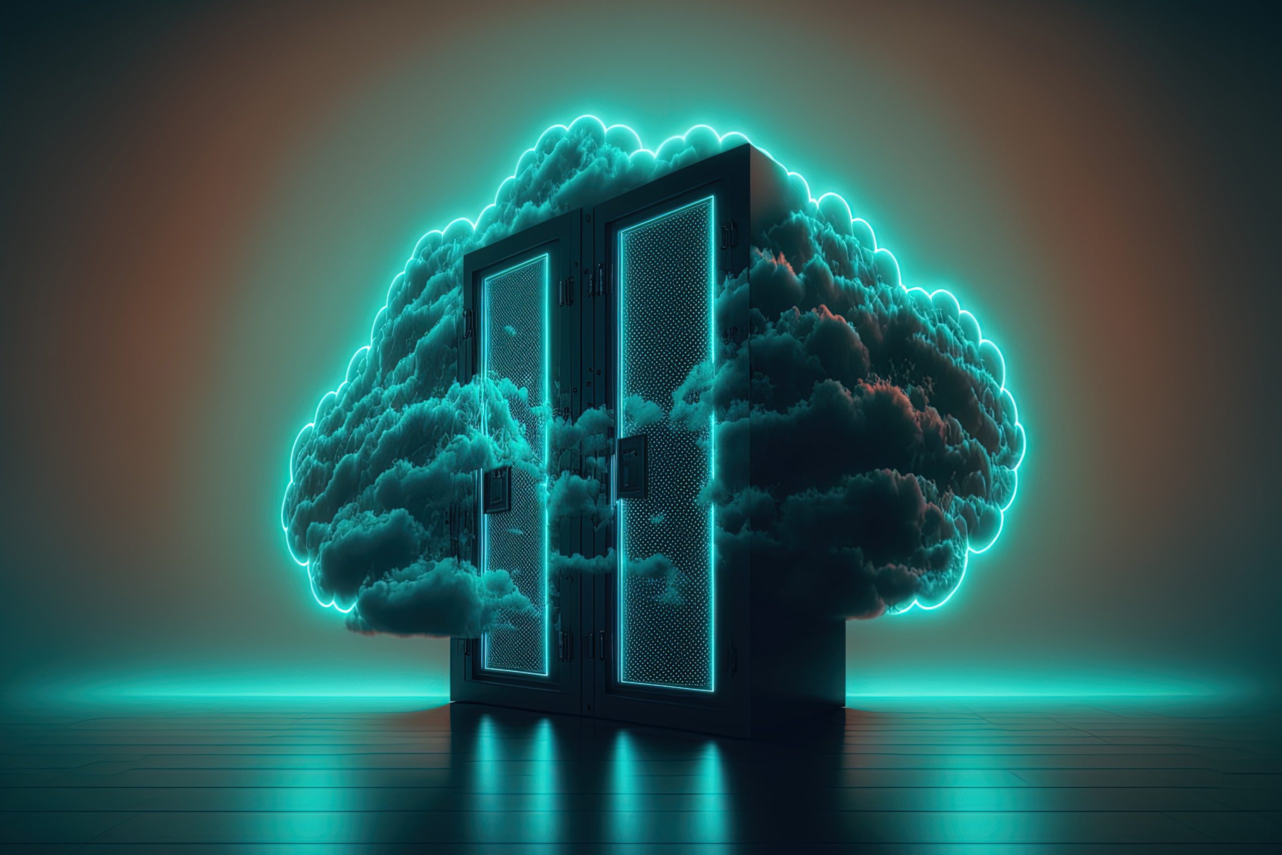 graphic representation of a blank space for data storage with neon lighting in a cloud storage server far-future science fiction notion of cyberpunk technology. Generative AI